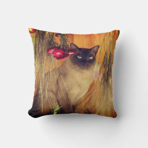 Siamese Cat Posing With Flowers Cushion