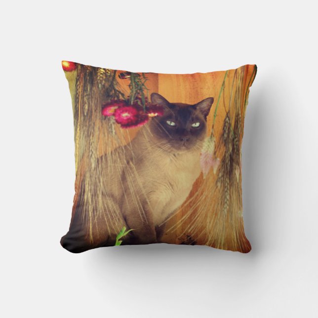 Siamese Cat Posing With Flowers  Cushion (Front)