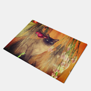 Siamese Cat Posing With Flowers Doormat