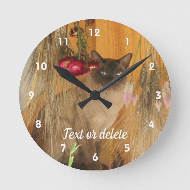 Siamese Cat Posing With Flowers Personalised Round Clock (Front)