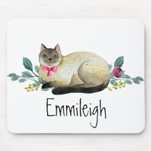 Siamese Cat Purple Floral Green Leaves White Mouse Pad