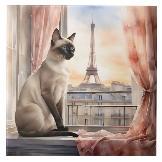 Siamese Cat Relaxing on Parisian Window Sill Ceramic Tile (Front)