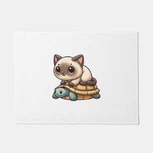 Siamese cat rides turtle doormat