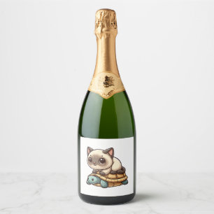 Siamese cat rides turtle sparkling wine label