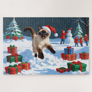 Siamese Cat Running in Snow with Christmas Hat Jigsaw Puzzle