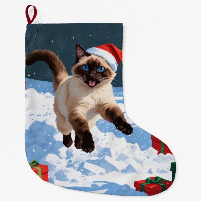 Siamese Cat Running in Snow with Christmas Hat Large Christmas Stocking (Front)