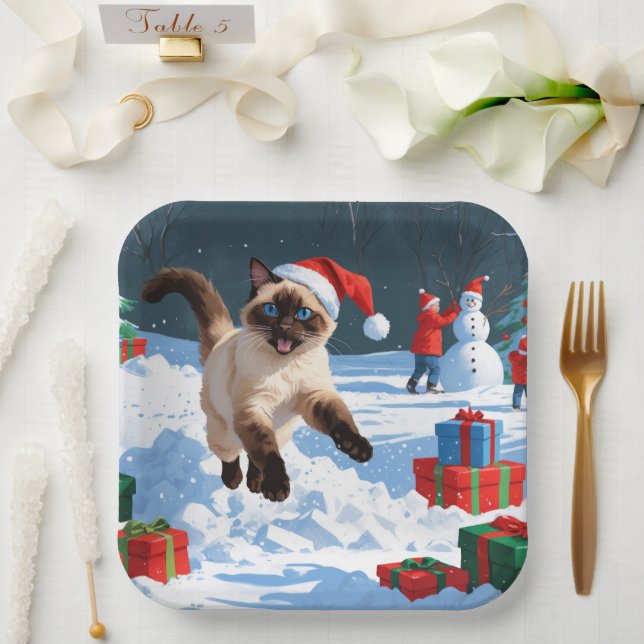 Siamese Cat Running in Snow with Christmas Hat Paper Plate (Wedding)