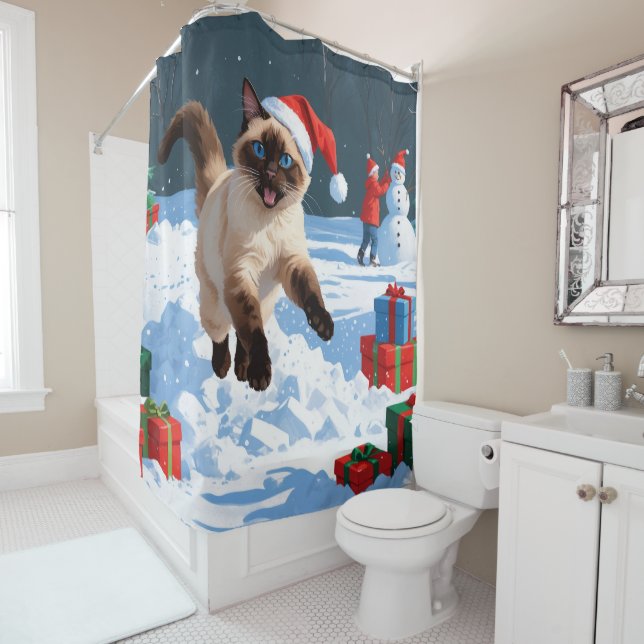 Siamese Cat Running in Snow with Christmas Hat Shower Curtain (In Situ)