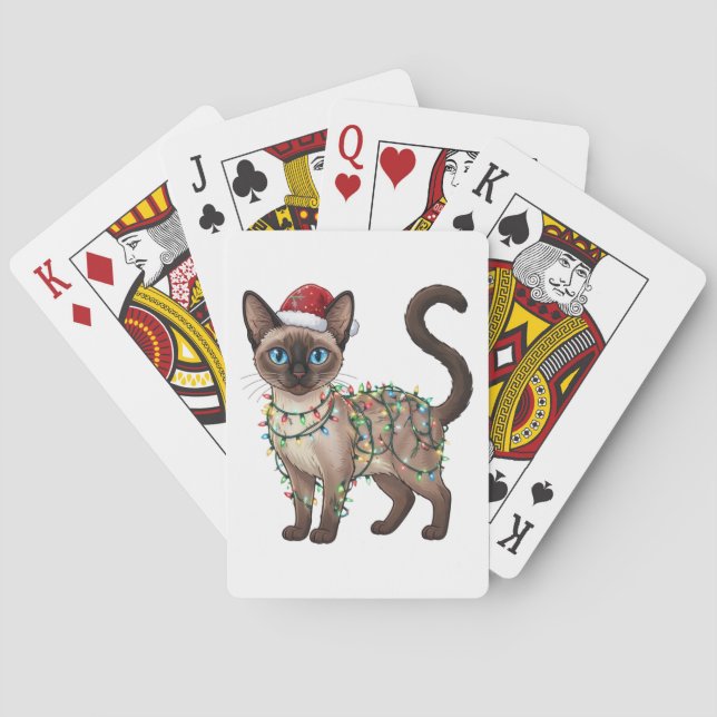 Siamese Cat Santa Hat Christmas Lights Funny   Playing Cards (Back)