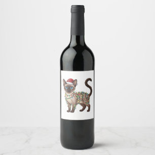 Siamese Cat Santa Hat Christmas Lights Funny Wine Label