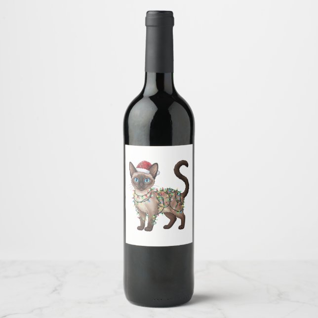 Siamese Cat Santa Hat Christmas Lights Funny   Wine Label (Front)