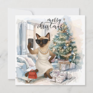 Siamese Cat Sending Message Merry Christmas Holiday Card
