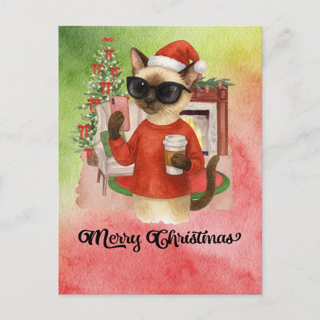 Siamese Cat Sending Message Merry Christmas Holiday Postcard (Front)