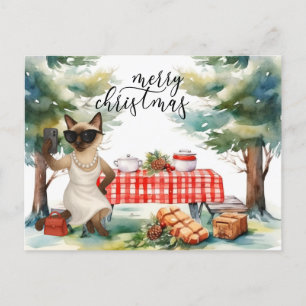 Siamese Cat Sending Message Merry Christmas Holiday Postcard