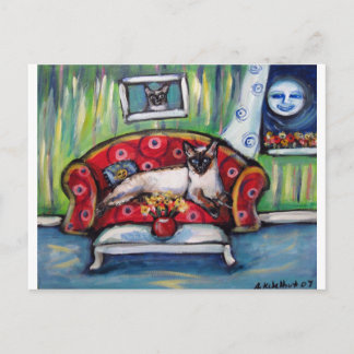 Siamese cat senses smiling moon cat painting postcard
