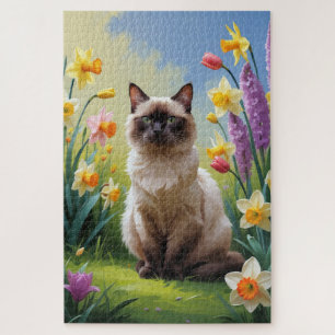 Siamese Cat Spring Flowers Painting Jigsaw Puzzle