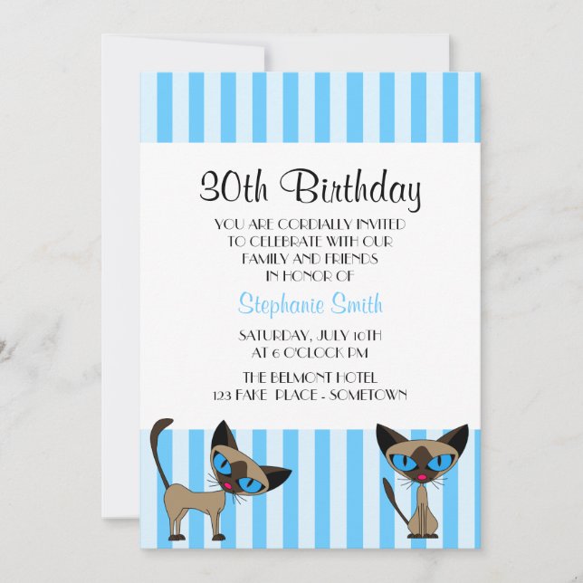 Siamese Cat Striped Birthday Invitation (Front)