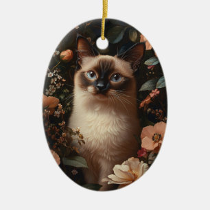 Siamese Cat Surrounded By Blush Pink Flowers Ceramic Ornament