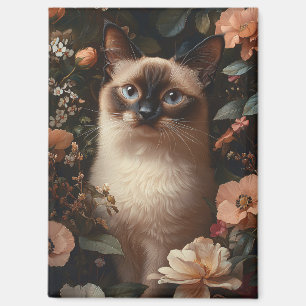 Siamese Cat Surrounded By Blush Pink Flowers Magnet
