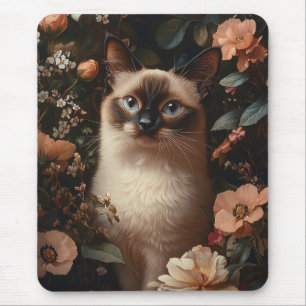 Siamese Cat Surrounded By Blush Pink Flowers Mouse Pad