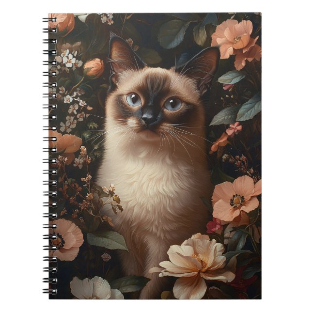 Siamese Cat Surrounded By Blush Pink Flowers Notebook (Front)