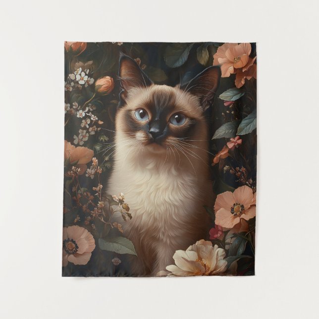 Siamese Cat Surrounded By Blush Pink Flowers Tapestry (Front)