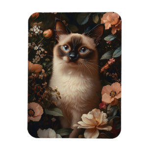 Siamese Cat Surrounded By Pink Flowers Flexible Magnet