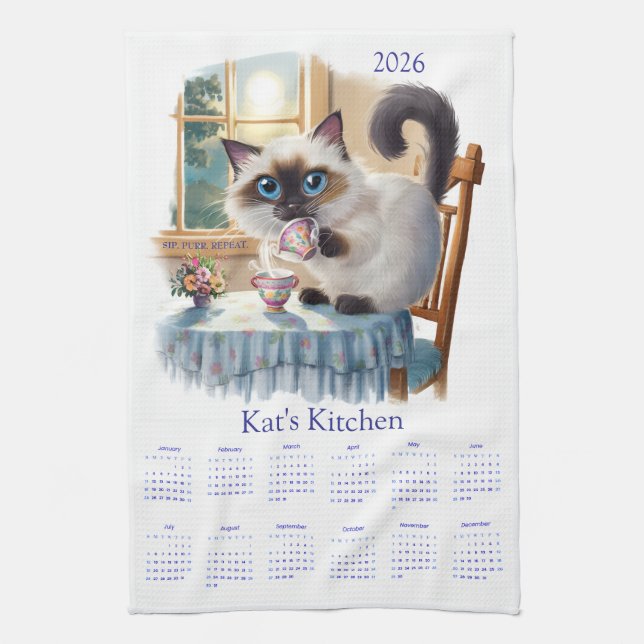 Siamese Cat Tea Time 2026 Calendar Kitchen Towels (Vertical)