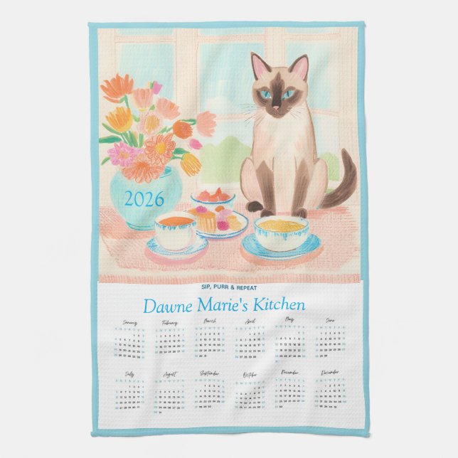 Siamese Cat, Teacups & Tea Towel Calendar Too (Vertical)