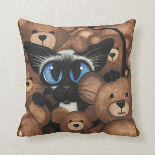 Siamese Cat Teddy Bear Hug by BiHrLe Cushion
