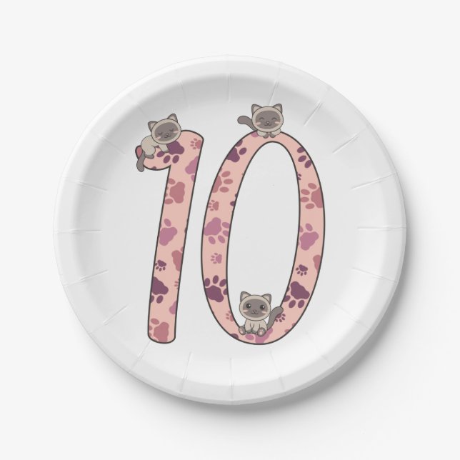 Siamese Cat Tenth Birthday For Kids Cats Paper Pla Plate (Front)