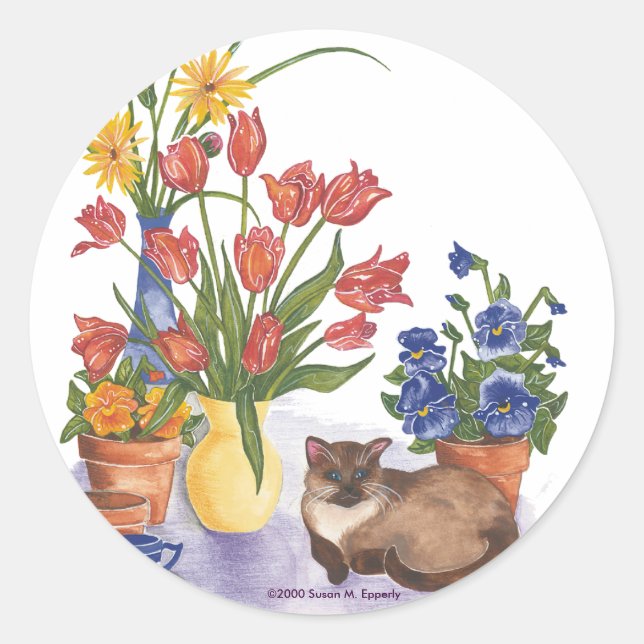 Siamese Cat Tulips Pansies Watercolor "Chester" Classic Round Sticker (Front)