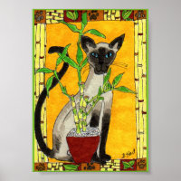 Siamese Cat with Bamboo Plant Mini Folk Art