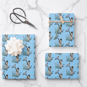 Siamese Cat With Blue Butterfly Animal Pattern Wrapping Paper Sheet