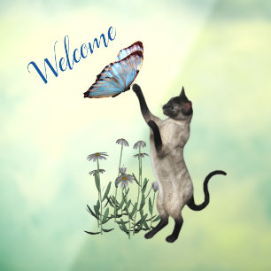 Siamese Cat With Blue Butterfly Welcome