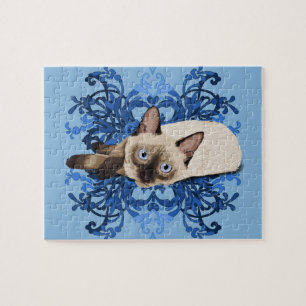 Siamese Cat With Blue Floral Design Jigsaw Puzzle