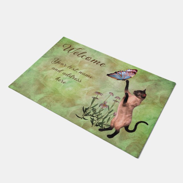 Siamese Cat With Butterfly Personalised Welcome Doormat (Angled)