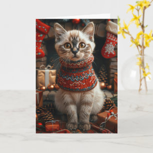 Siamese Cat With Christmas Gifts Fireplace Card