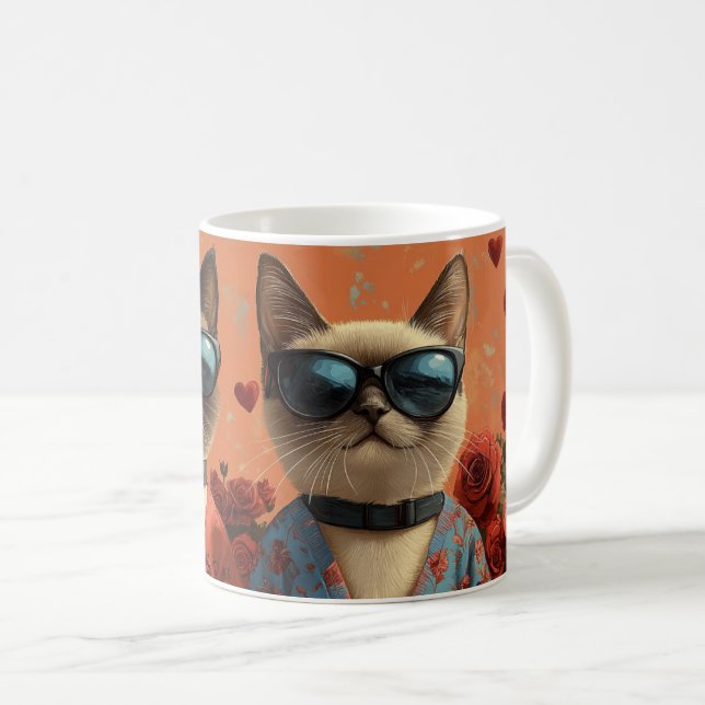 Siamese Cat with Heart Roses Valentine's Day Coffee Mug (Front Right)