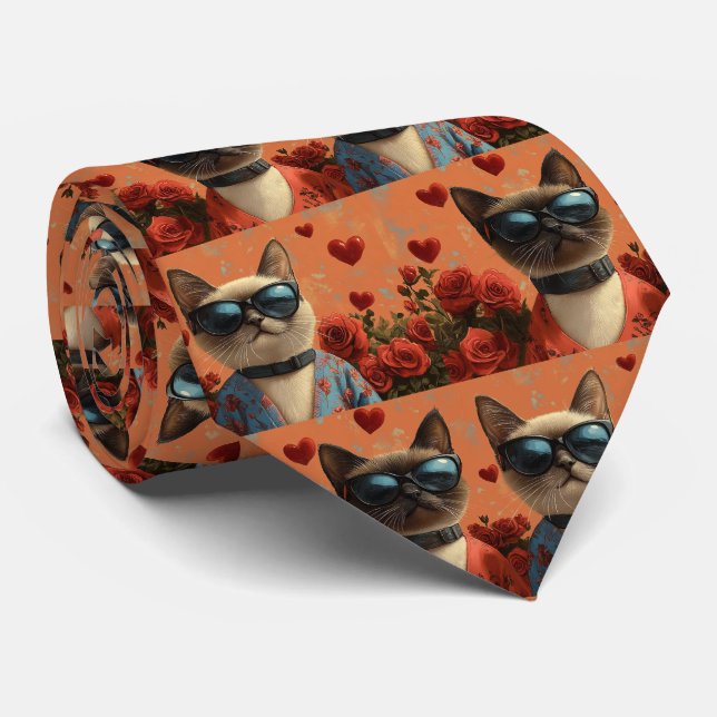 Siamese Cat with Heart Roses Valentine's Day Tie (Rolled)