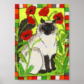 Siamese Cat with Oriental Poppies Folk Art Poster