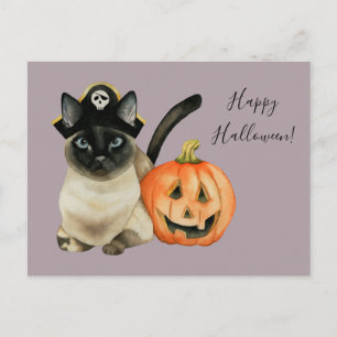 Siamese Cat with Pirate Hat Happy Halloween Postcard