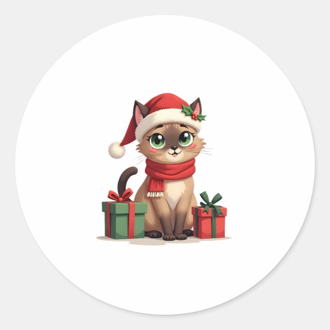 Siamese Cat Xmas Holiday Santa Siamese Cat Christm Classic Round Sticker (Front)