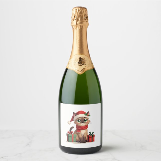 Siamese Cat Xmas Holiday Santa Siamese Cat Christm Sparkling Wine Label (Front)