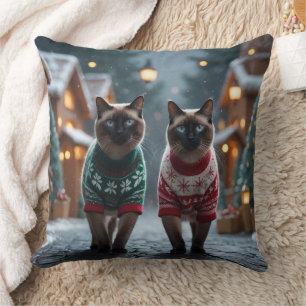 Siamese Cats Christmas Snow Holiday Cushion