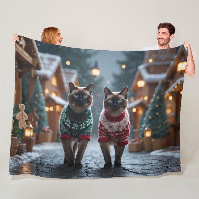 Siamese Cats Christmas Snow Holiday Fleece Blanket (In Situ)