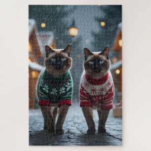 Siamese Cats Christmas Snow Holiday Jigsaw Puzzle