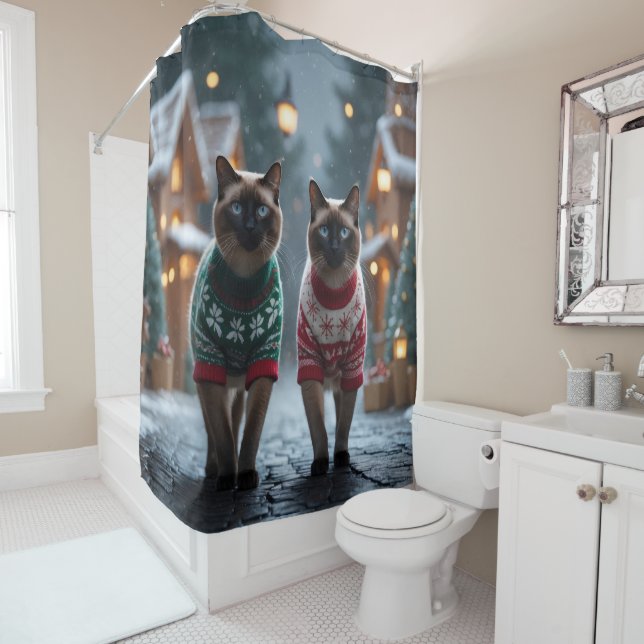 Siamese Cats Christmas Snow Holiday Shower Curtain (In Situ)