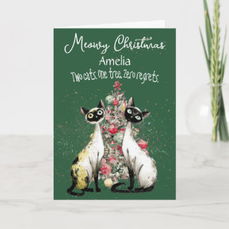 Siamese Cats In Front Of A Tree Christmas Card