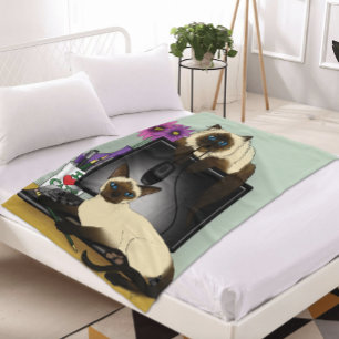 Siamese Computer Cats Mischief Fleece Blanket